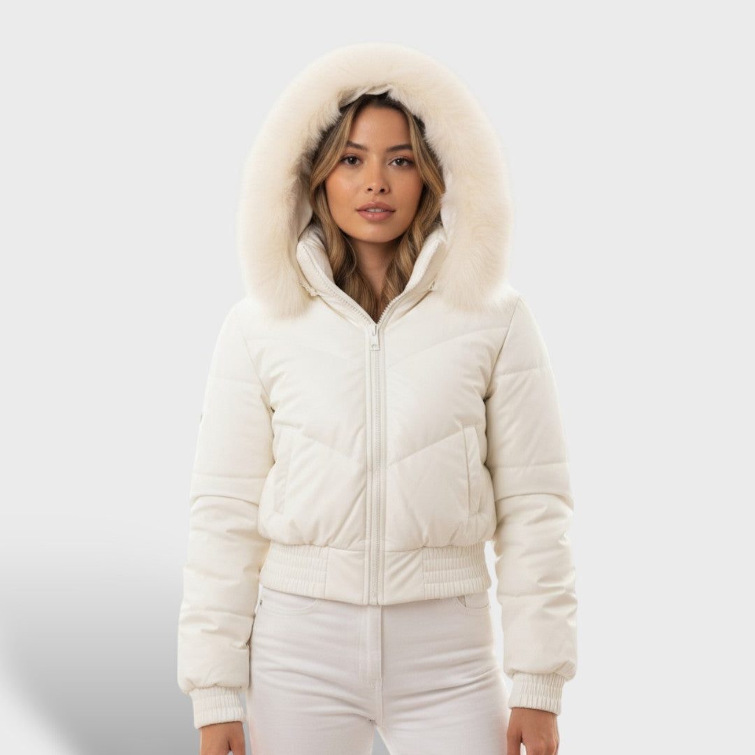 Faux Fur Cropped Puffer Jacket in White – Celine by Maravesse