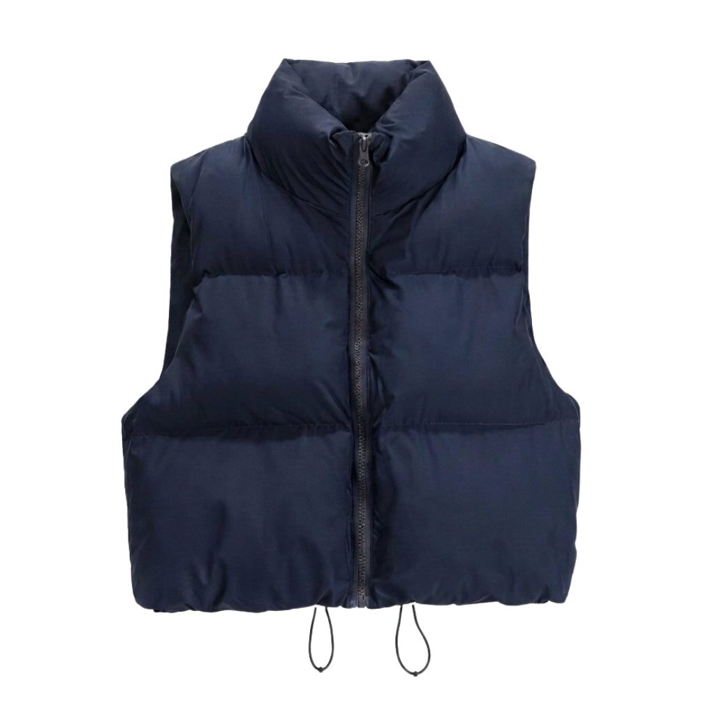 Quilted Cropped Puffer Jacket in Navy Blue – Ottilie by Maravesse
