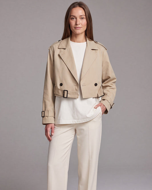 Belted Cropped Trench Coat in Beige – Celestine by Maravesse