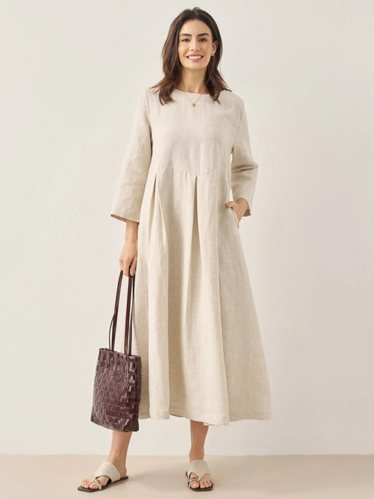Pleated Linen Maxi Dress in Natural Linen – Merle by Maravesse