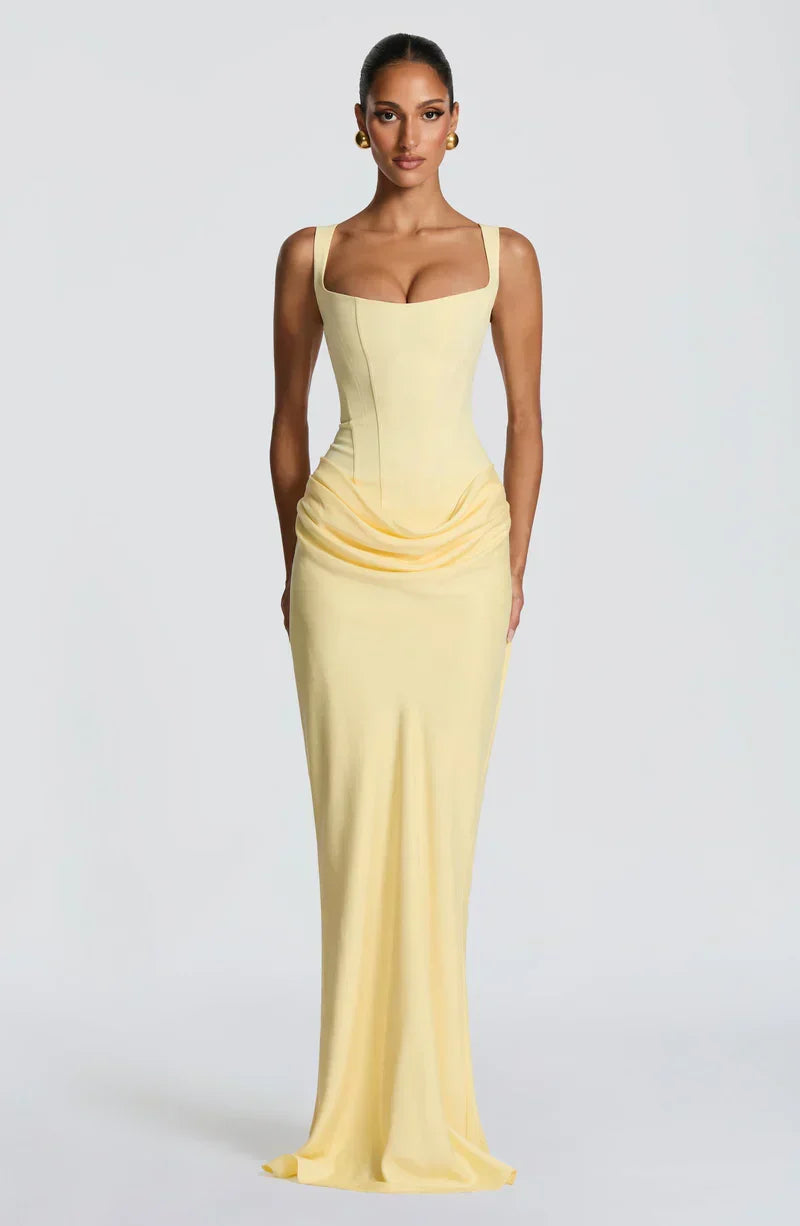 Satin Corset Maxi Dress in Lemon – Harriet by Maravesse