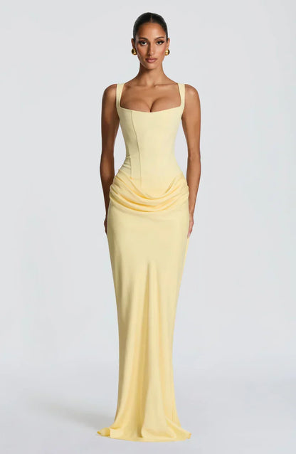 Satin Corset Maxi Dress in Lemon – Harriet by Maravesse