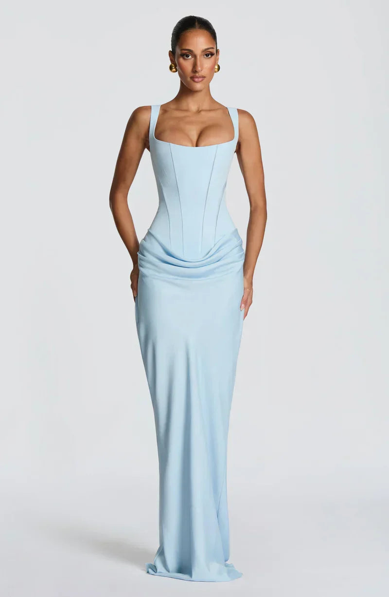 Satin Corset Maxi Dress in Baby Blue – Harriet by Maravesse