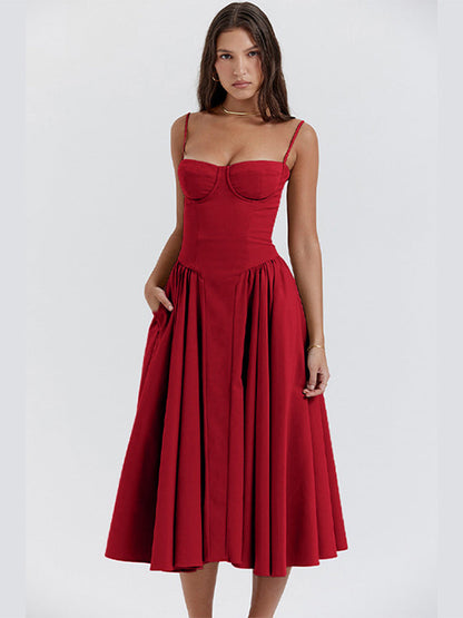 Corset Midi Dress in Red – Saar by Maravesse