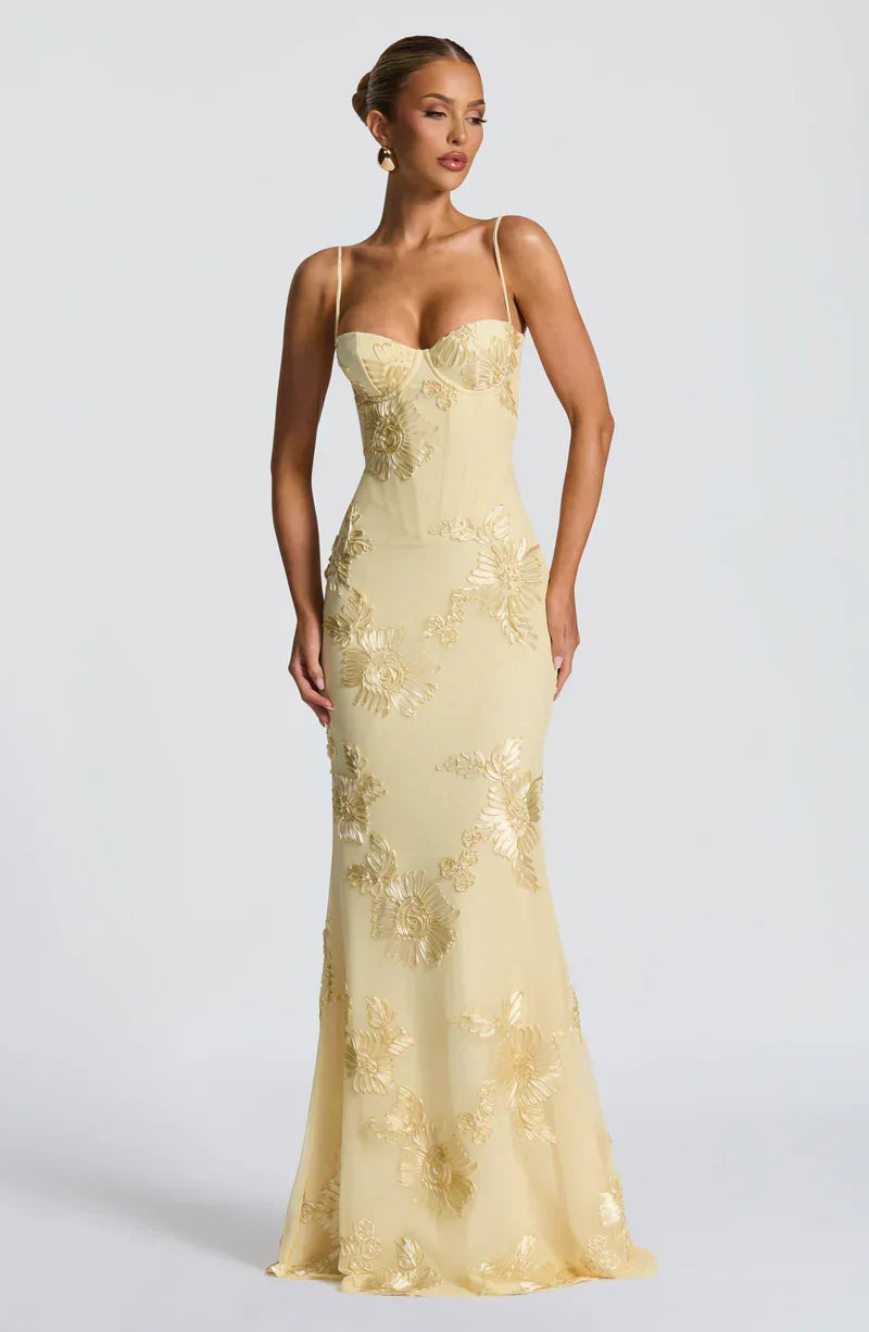 Corset Floral Maxi Dress in Butter Yellow – Estelle by Maravesse