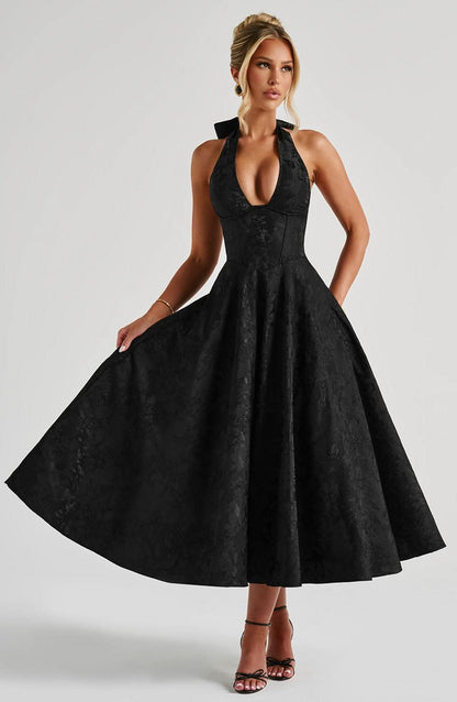 Floral Halter Midi Dress in Black – Isolde by Maravesse