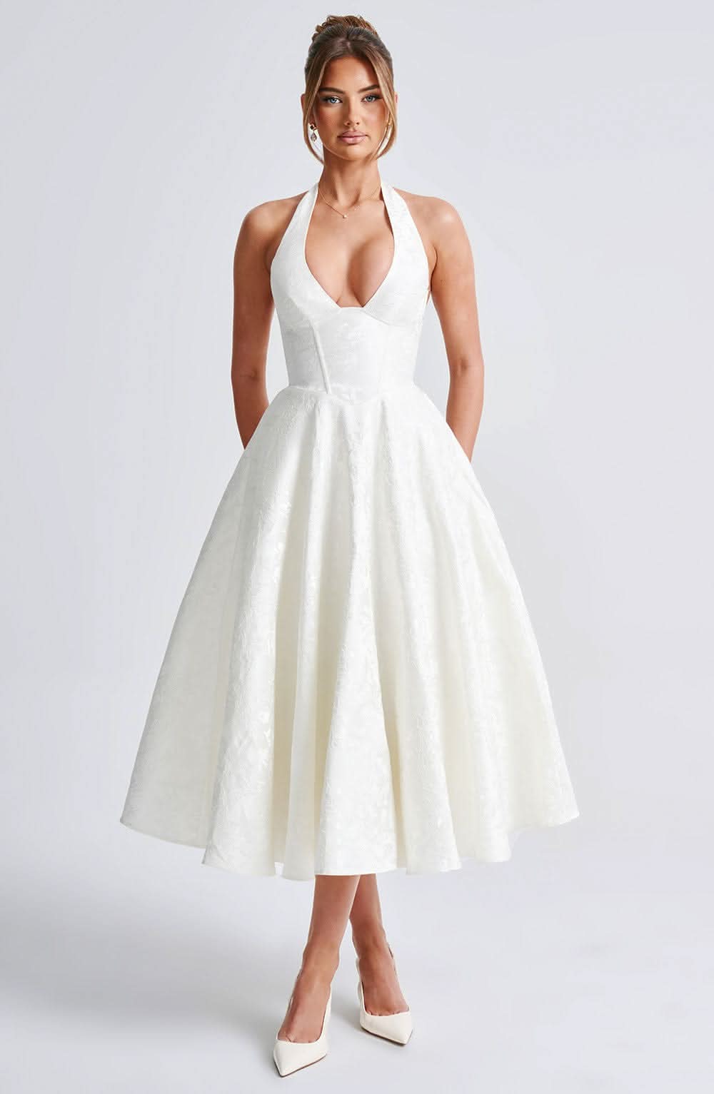 Floral Halter Midi Dress in White – Isolde by Maravesse