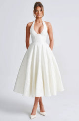 Isolde | Floral Halter Midi Dress for Wedding Guests