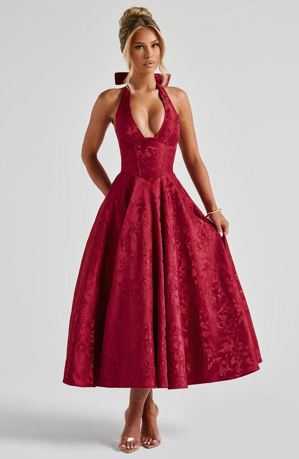Floral Halter Midi Dress in Red – Isolde by Maravesse