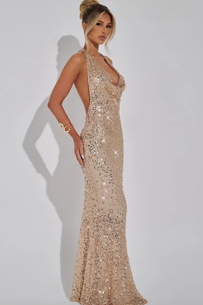 Sequin Halter Maxi Dress in Gold – Zara by Maravesse