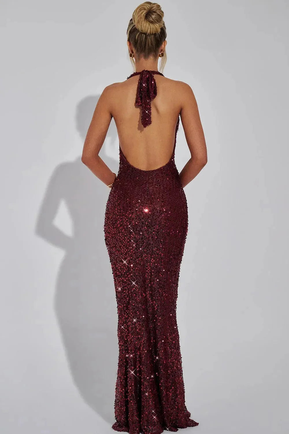 Sequin Halter Maxi Dress in Wine Red – Zara by Maravesse