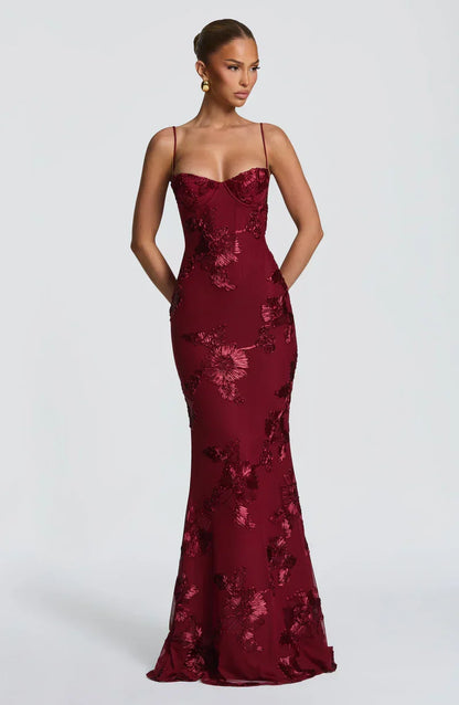 Corset Floral Maxi Dress in Wine Red – Estelle by Maravesse