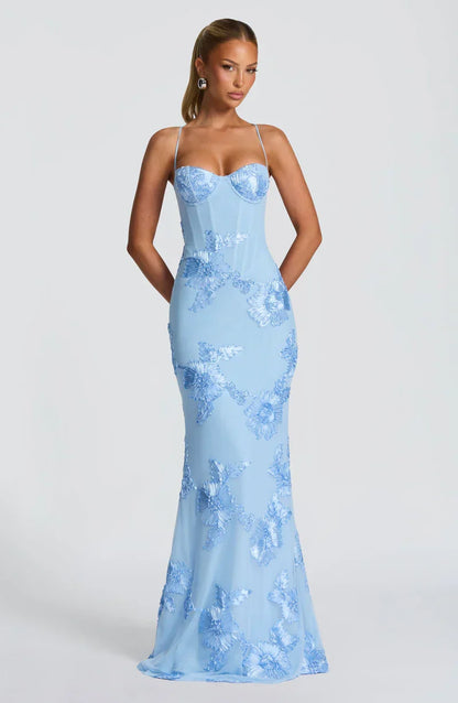 Corset Floral Maxi Dress in Light Blue – Estelle by Maravesse