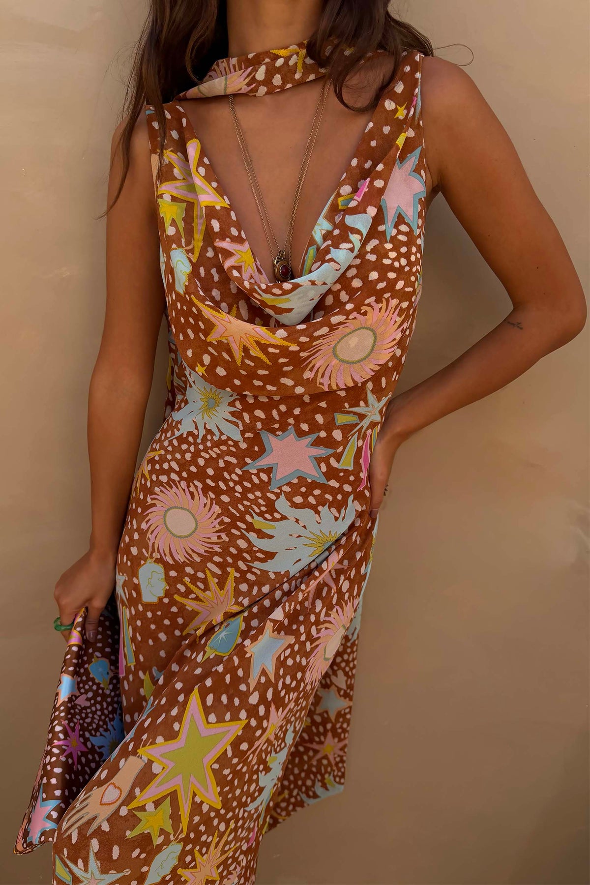 Halter Cowl Maxi Dress in Brown Fawn – Mirabel by Maravesse