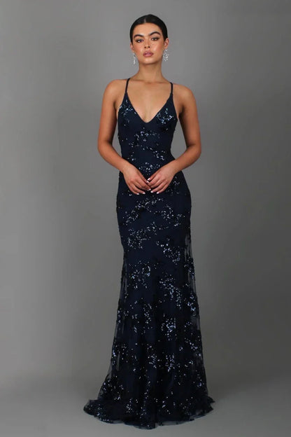 Sequin Maxi Dress in Dark Blue – Louisa by Maravesse
