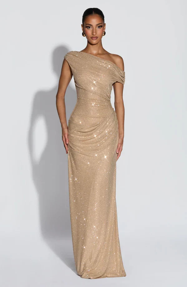 Sequin One-Shoulder Maxi Dress in Gold – Elodie by Maravesse