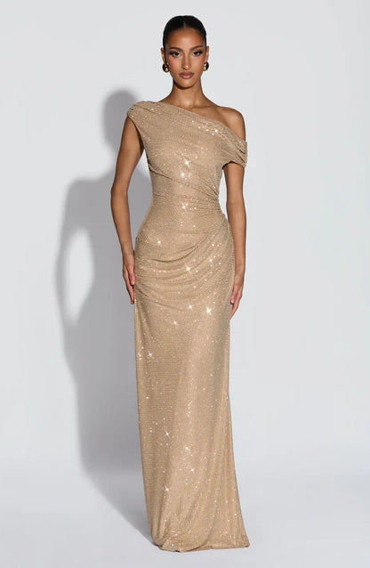 Sequin One-Shoulder Maxi Dress in Gold – Elodie by Maravesse