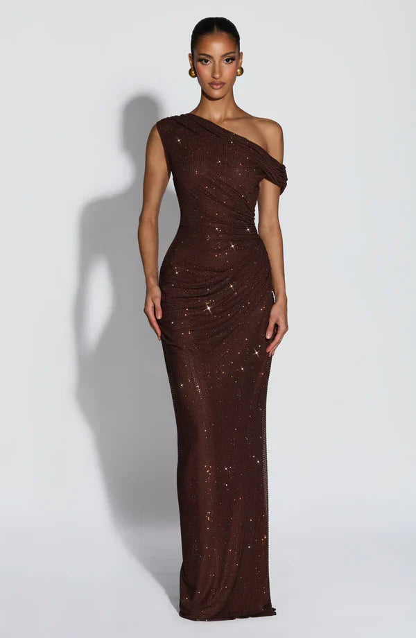 Sequin One-Shoulder Maxi Dress in Plum Brown – Elodie by Maravesse