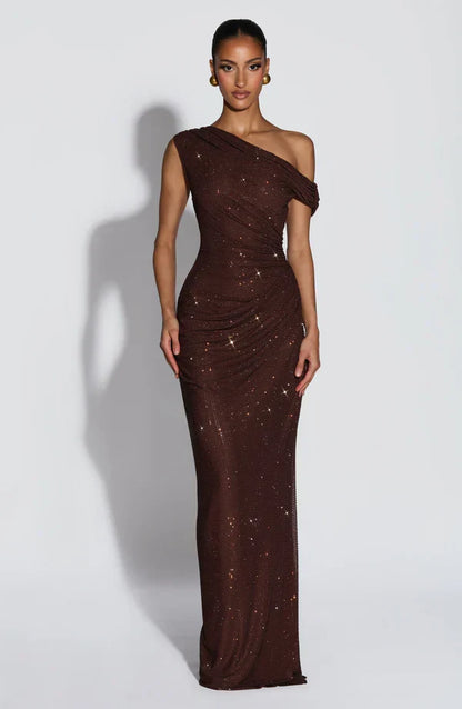 Sequin One-Shoulder Maxi Dress in Plum Brown – Elodie by Maravesse