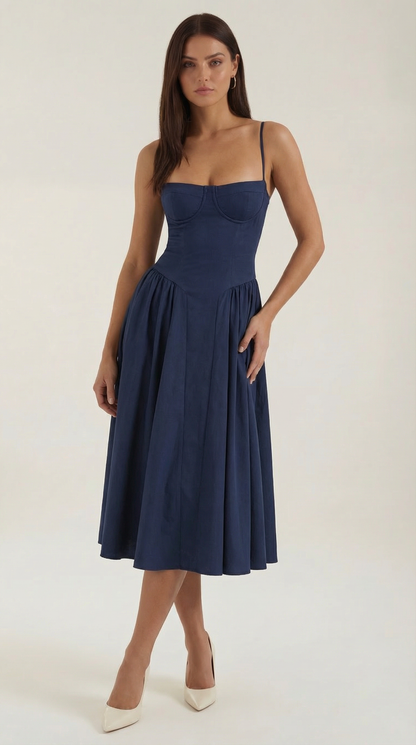 Corset Floral Midi Dress in Navy – Greta by Maravesse