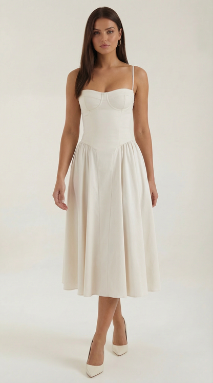 Corset Floral Midi Dress in White – Greta by Maravesse