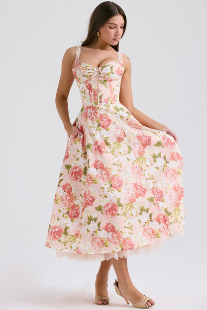 Corset Floral Midi Dress in Pink – Tove by Maravesse