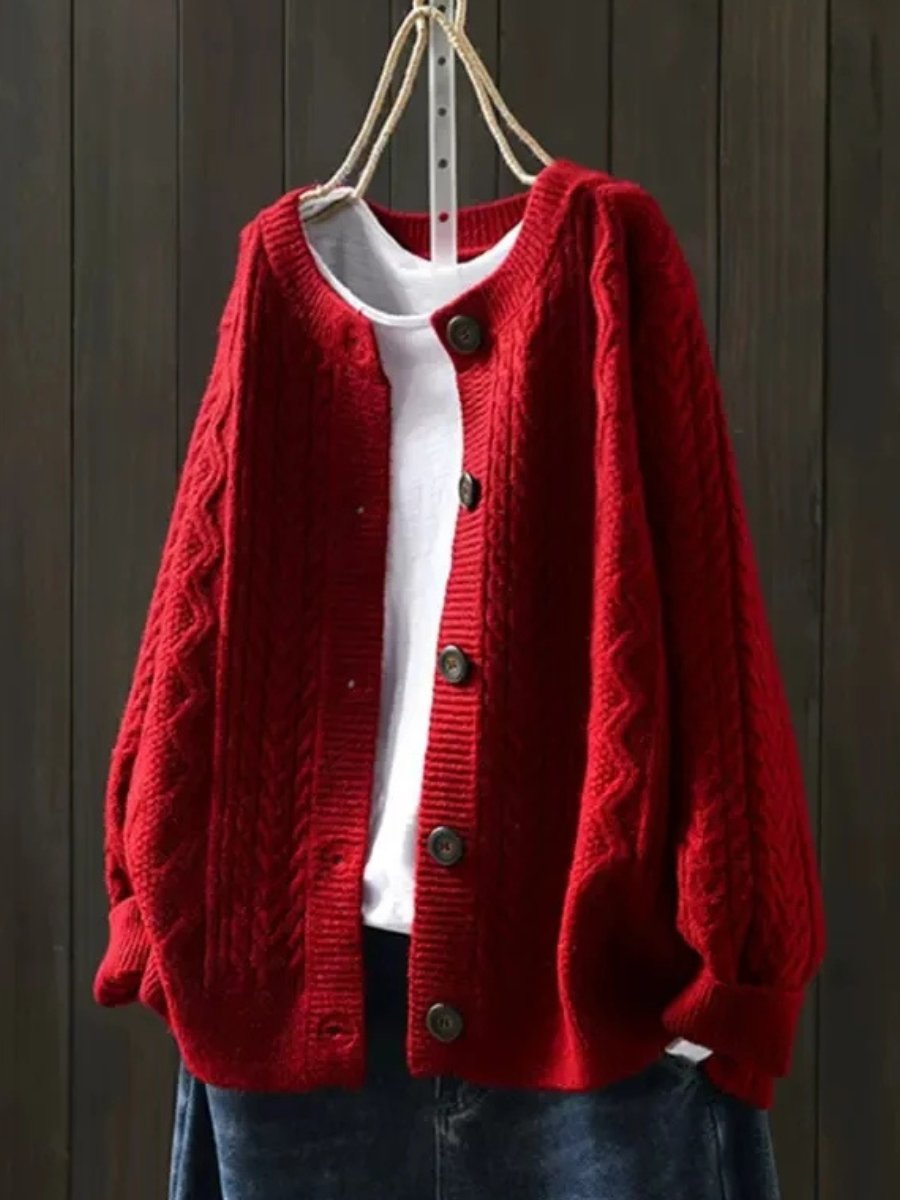 Cable-Knit Cardigan in Red – Delphine by Maravesse