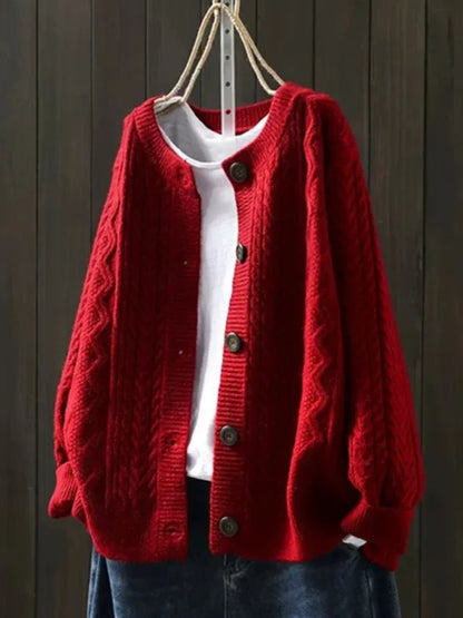 Cable-Knit Cardigan in Red – Delphine by Maravesse