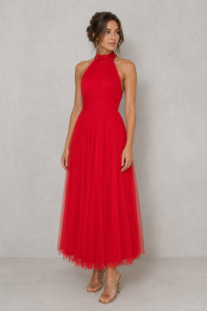 Tulle Midi Dress in Red – Rhea by Maravesse